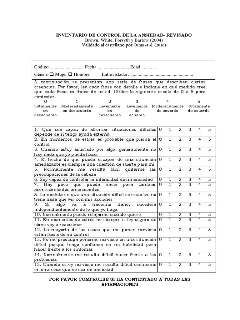 Cuestionario de Control de La Ansiedad (ACQ-R) | PDF | Ansiedad | Sicología
