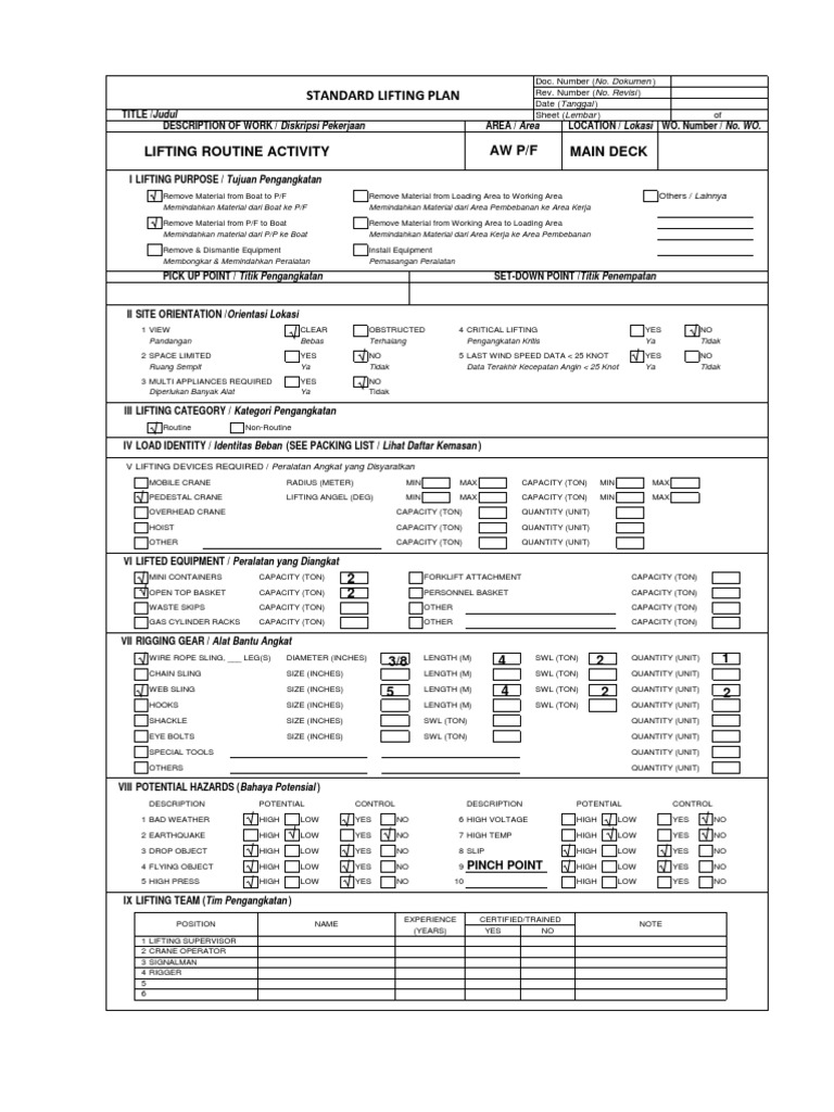 Standard Lifting Plan COW PTW AW PDF Crane (Machine) Tools
