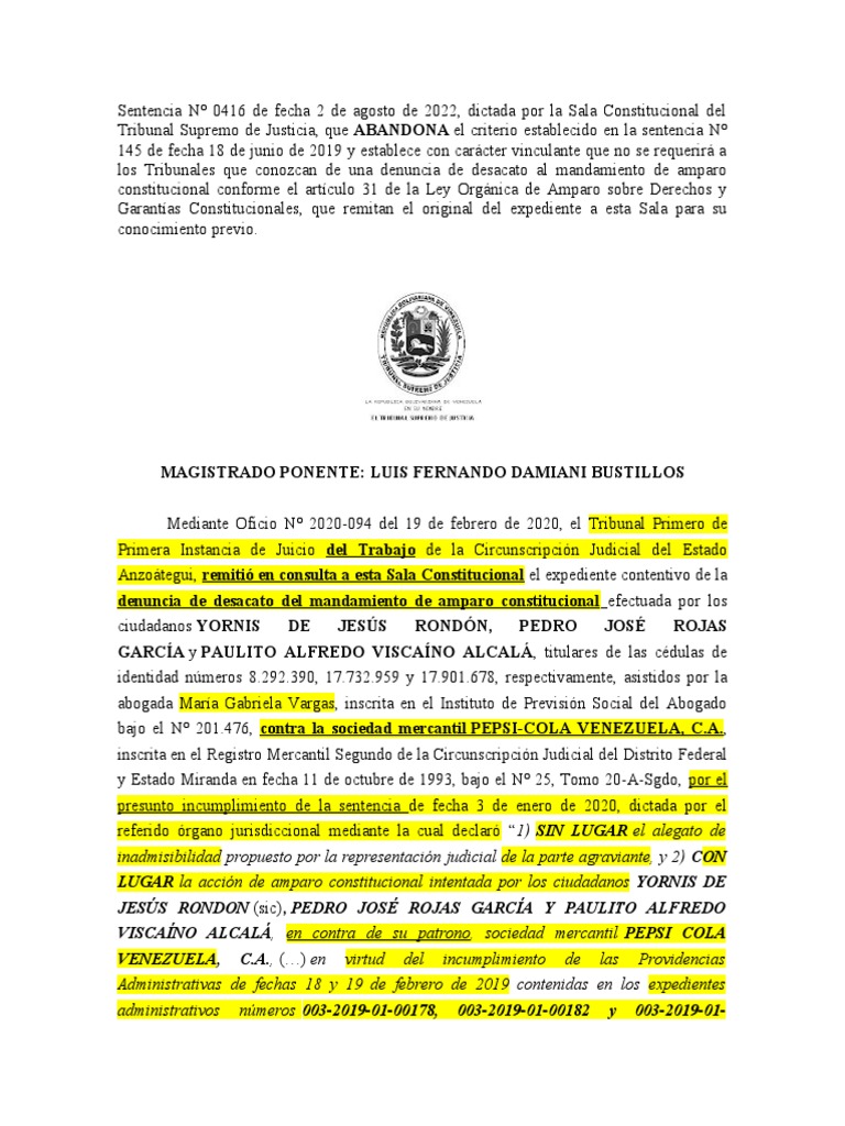 Sentencia #0416 de Fecha 2 de Agosto de 2022, ABANDONA El Criterio