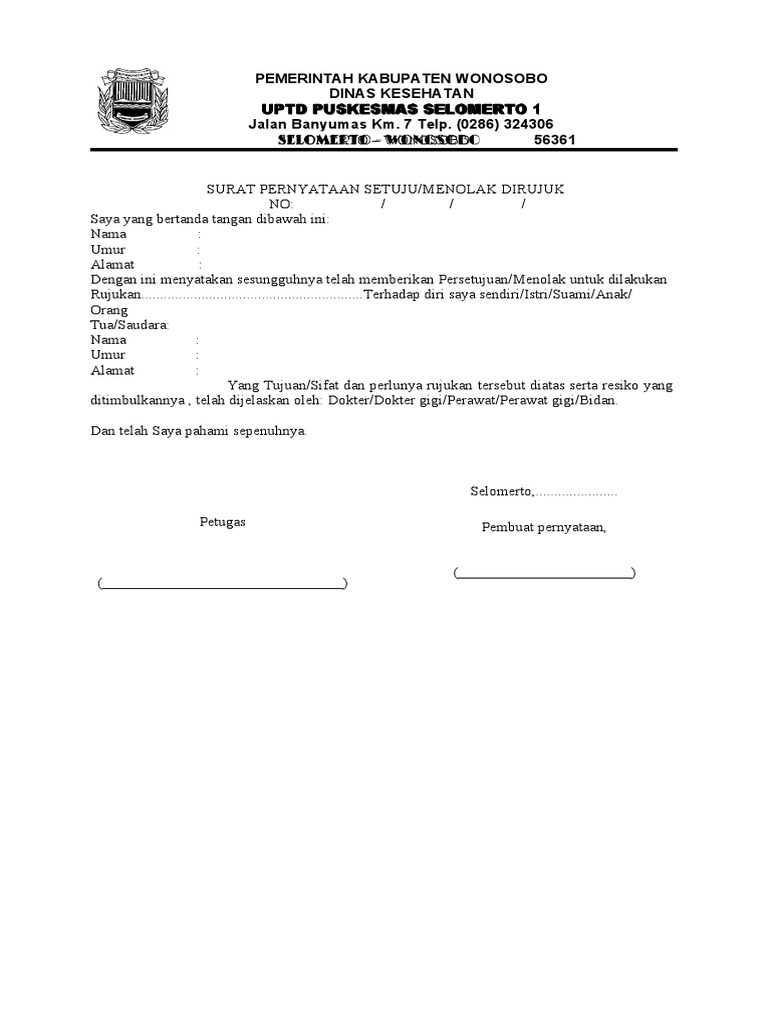 Surat Rujukan Kesehatan Puskesmas Selomerto | PDF
