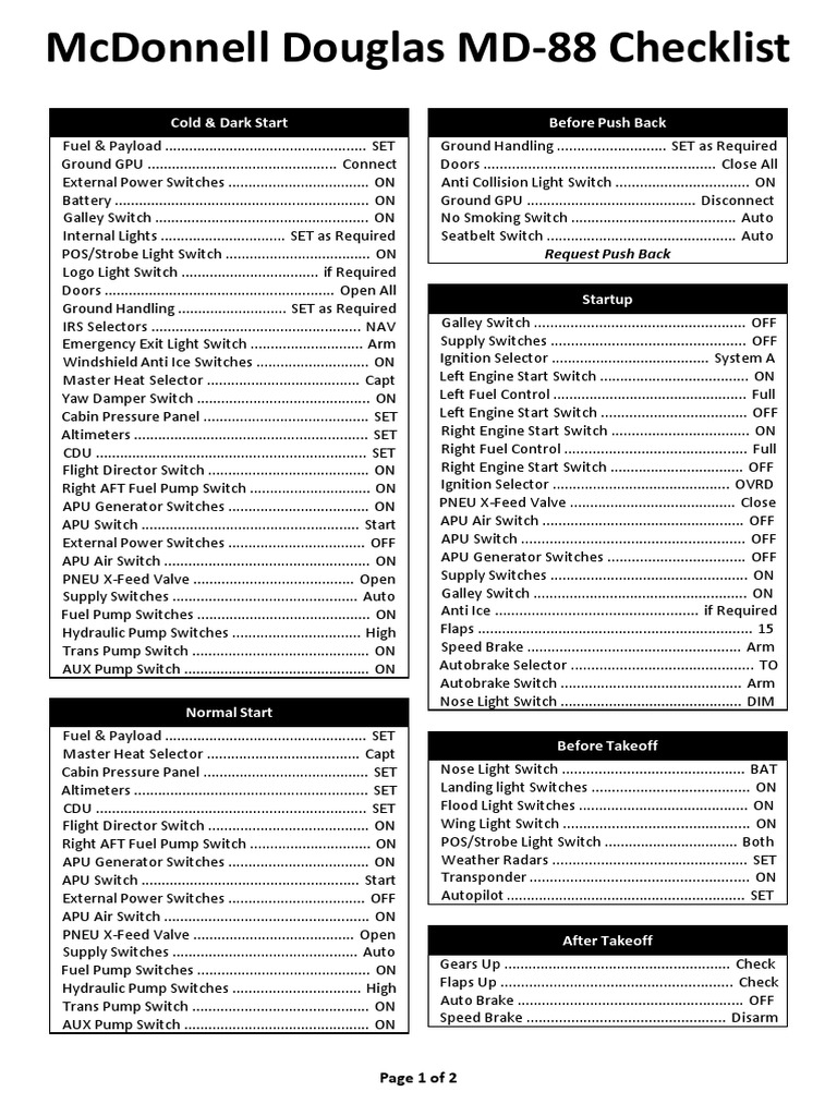 McDonnell Douglas MD-88 Checklist | PDF | Switch | Brake