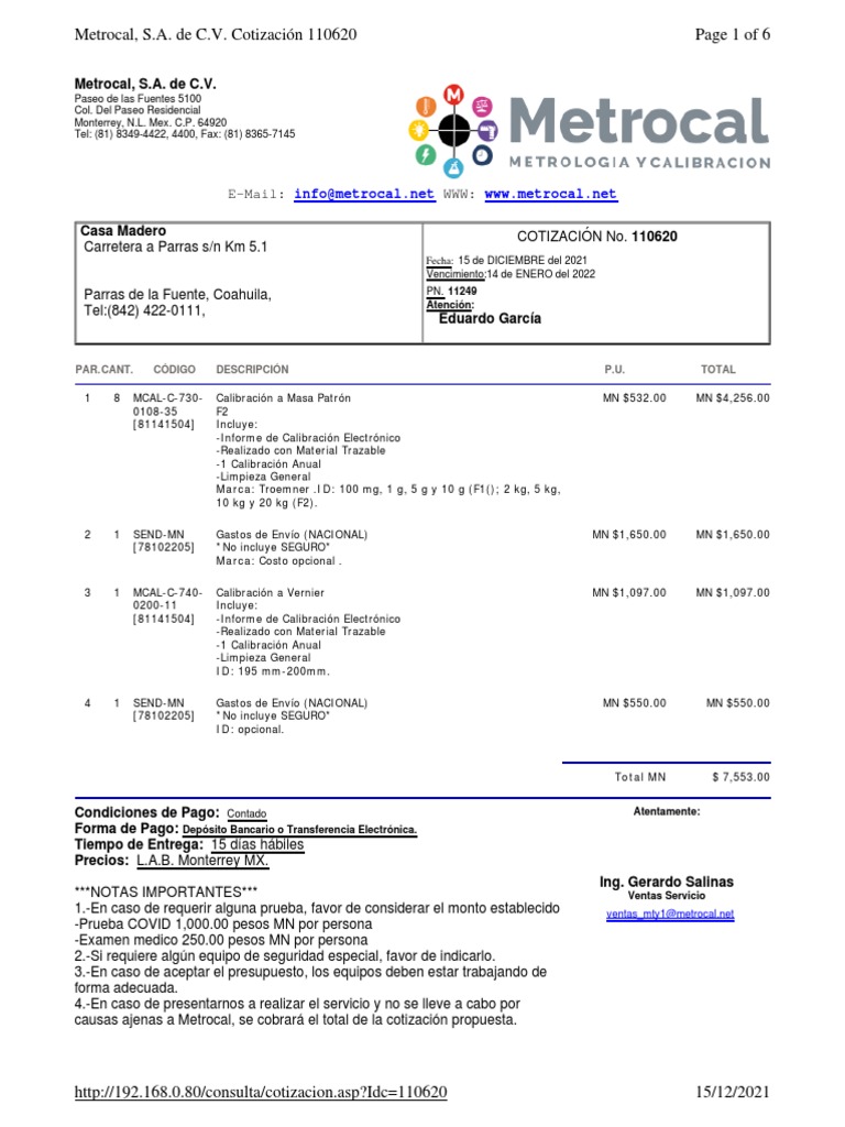 Cotización 110620 de Metrocal S.A. | PDF