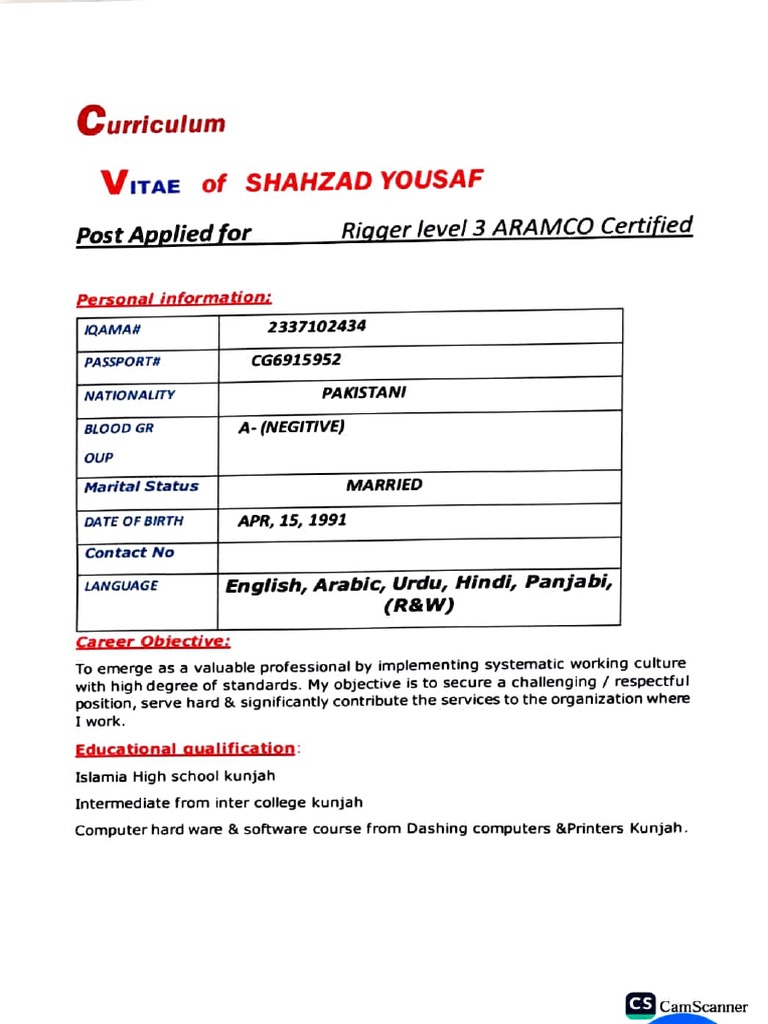 Shahzad Yousaf: Rigger Level 3 CV | PDF | Technology & Engineering