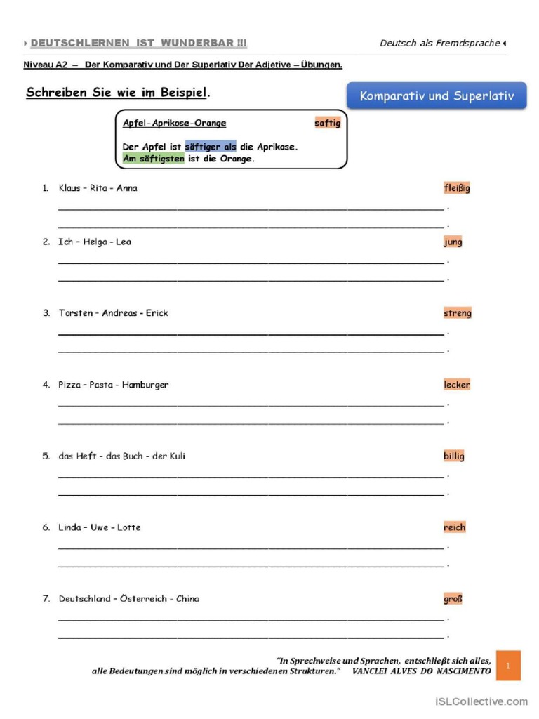 A2 Ubungen Komparativ Und Superlativ Arbeitsblatter