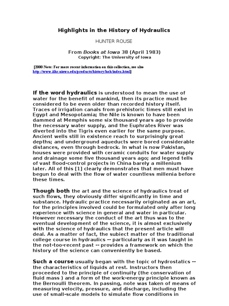 Highlights in The History of Hydraulics ROUSE PDF Fluid Mechanics
