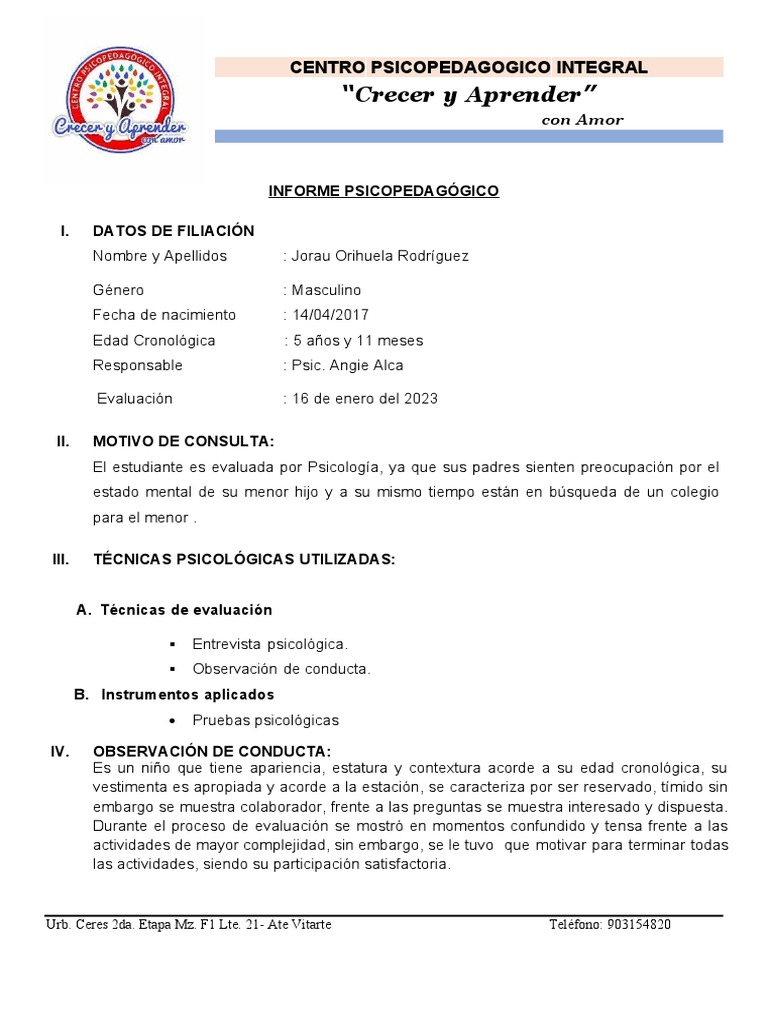 Informe Psicopedagógico Jorau Orihuela | PDF | Aprendizaje | Las emociones