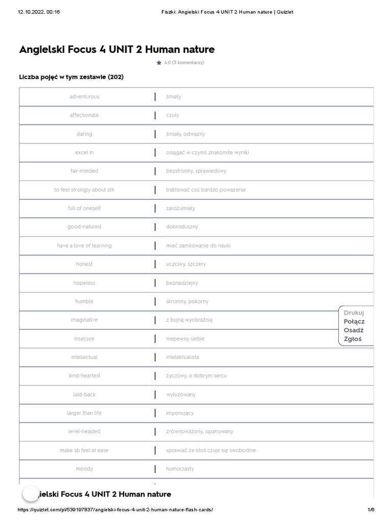 Fiszki Angielski Focus 4 UNIT 2 Human Nature Quizlet PDF