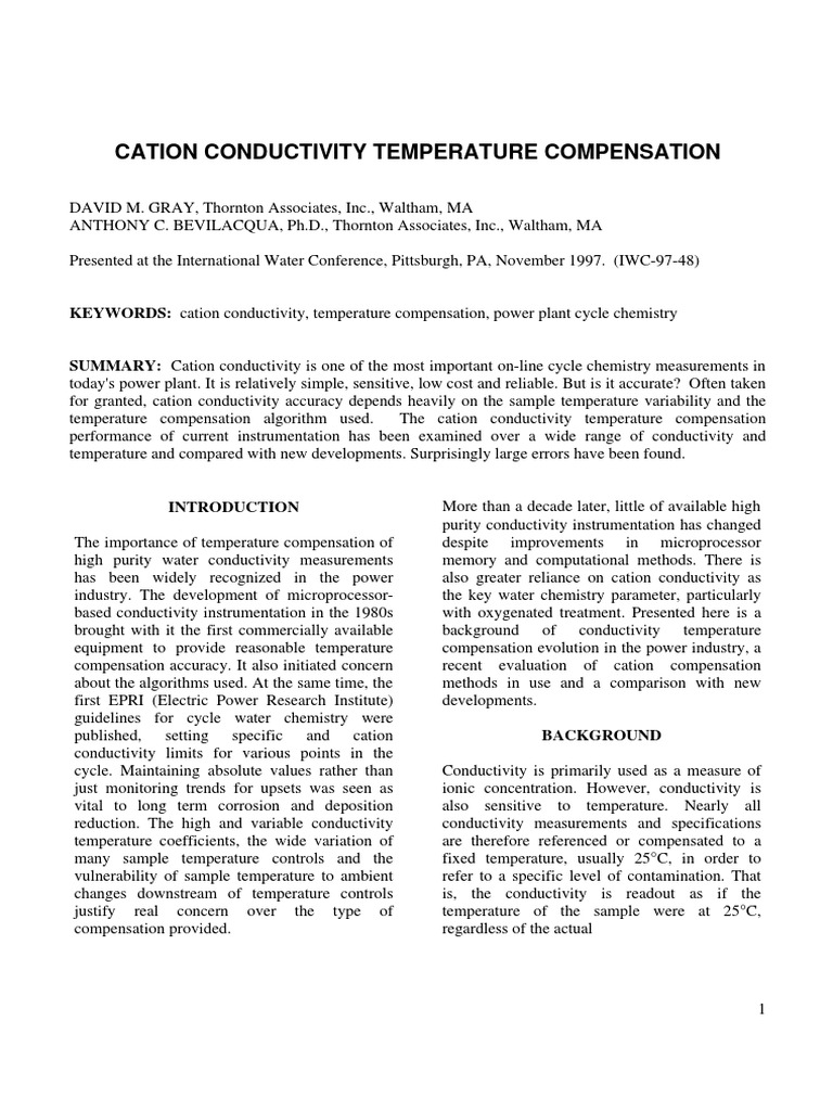 Cation Conductivity Temperature Compensation PDF Ph Electrical