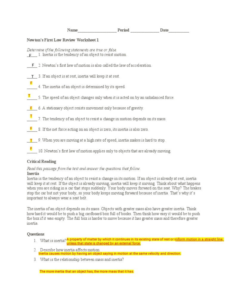 Newton's First Law of Motion Worksheet | PDF | Inertia | Force