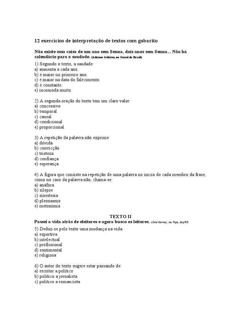 12 Exercícios de Interpretação de Textos Pequenos Com Gabarito | PDF