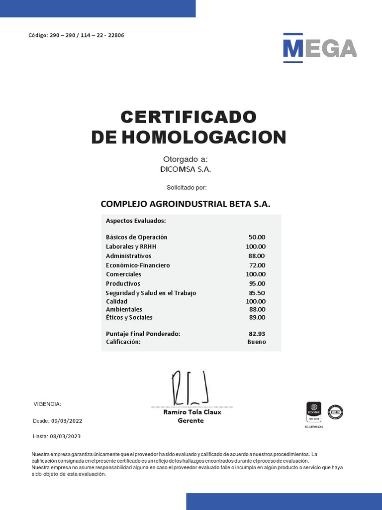 Certificado Dicomsa SA - BETA | PDF