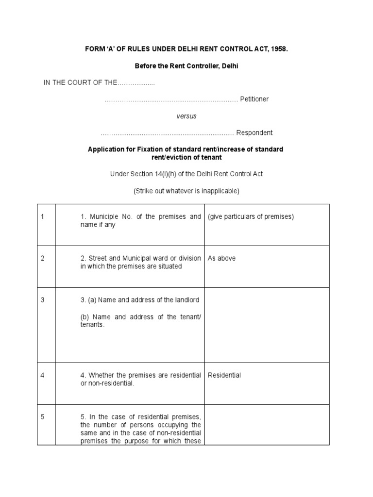Form A' of Rules Under Delhi Rent Control Act, 1958. PDF