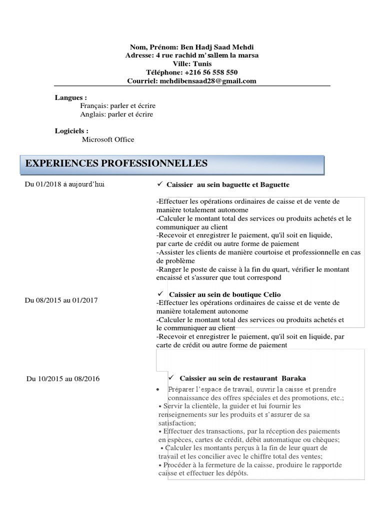 Expériences de Caissier de Mehdi Ben Hadj Saad | PDF | Caissier ...