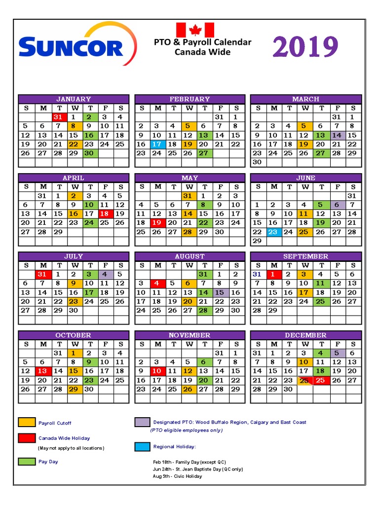 Payroll and PTO Calendar 2019 PDF Canada Secular Holidays