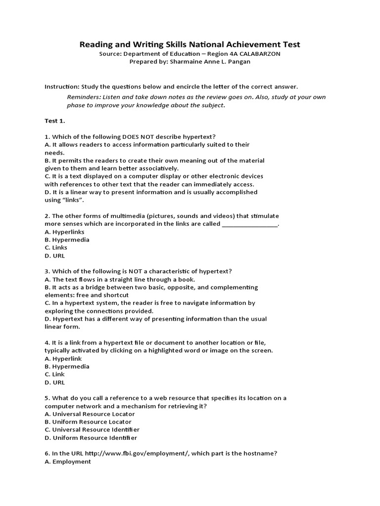 Reading and Writing Skills National Achievement Test Reviewer Exam