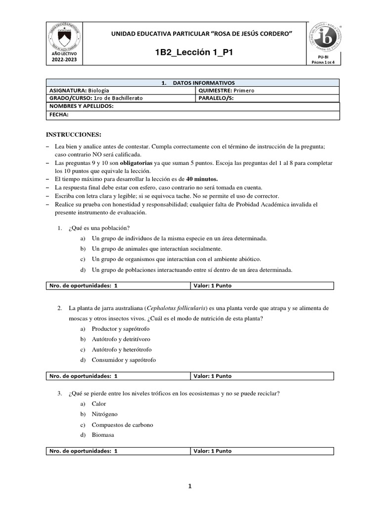 1B2 Lección 1 P1 | PDF | Ecología | Ecosistema