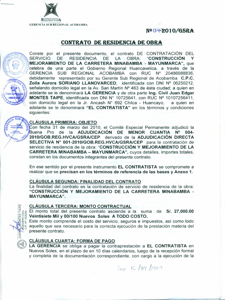 Contrato de Residencia de Obra 2010 | PDF | Derecho civil (sistema ...