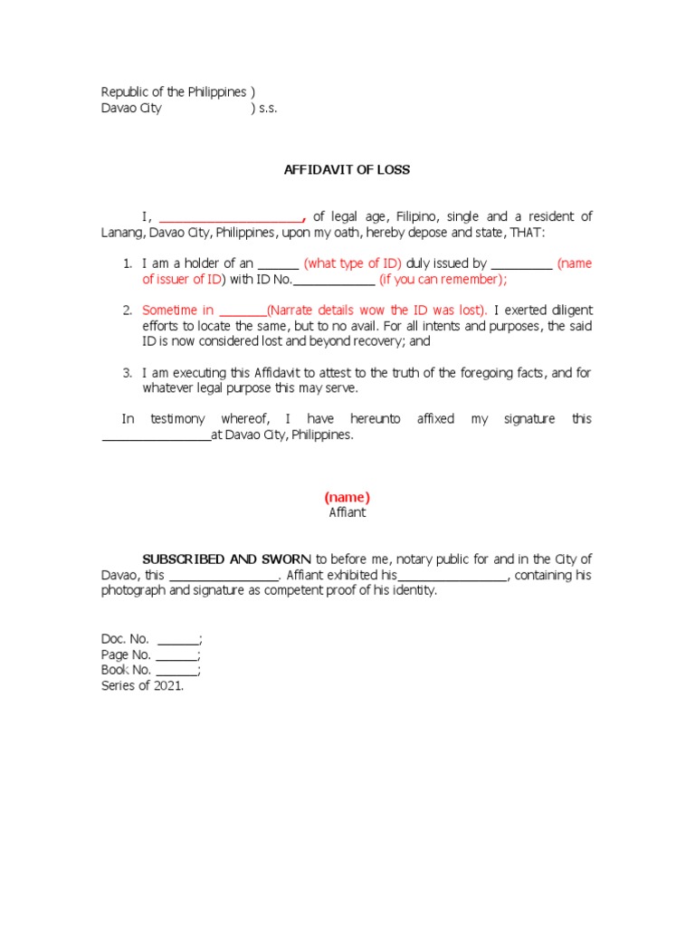Affidavit Of Loss Id