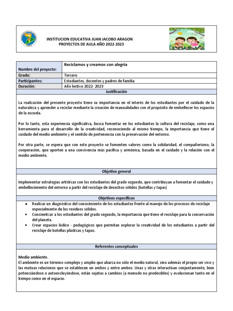 Proyecto de Aula Grado 3° | PDF | Residuos | Reciclaje
