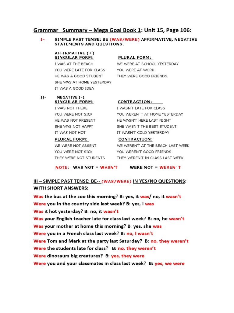 Simple Past Tense: Was/Were Usage | PDF | Human Communication | Syntax