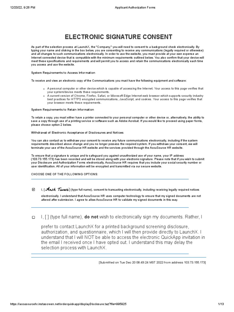 Electronic Signature Consent Ansh Tiwari PDF Credit History