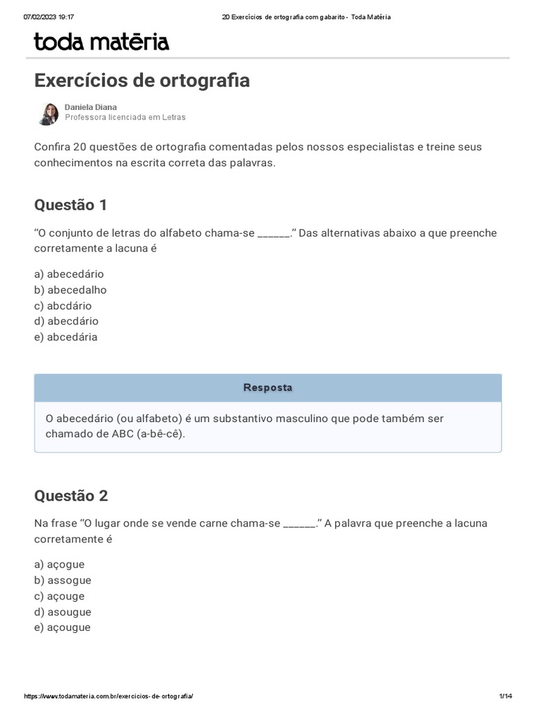 20 Exercícios de Ortografia Com Gabarito - Toda Matéria | PDF