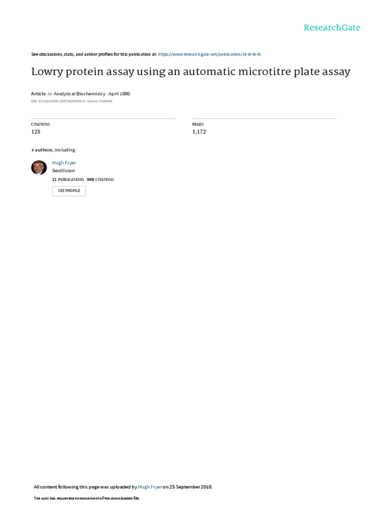 A. 1986. Fryer, H. Lowry Protein Assay Using An Automatic Microtiter