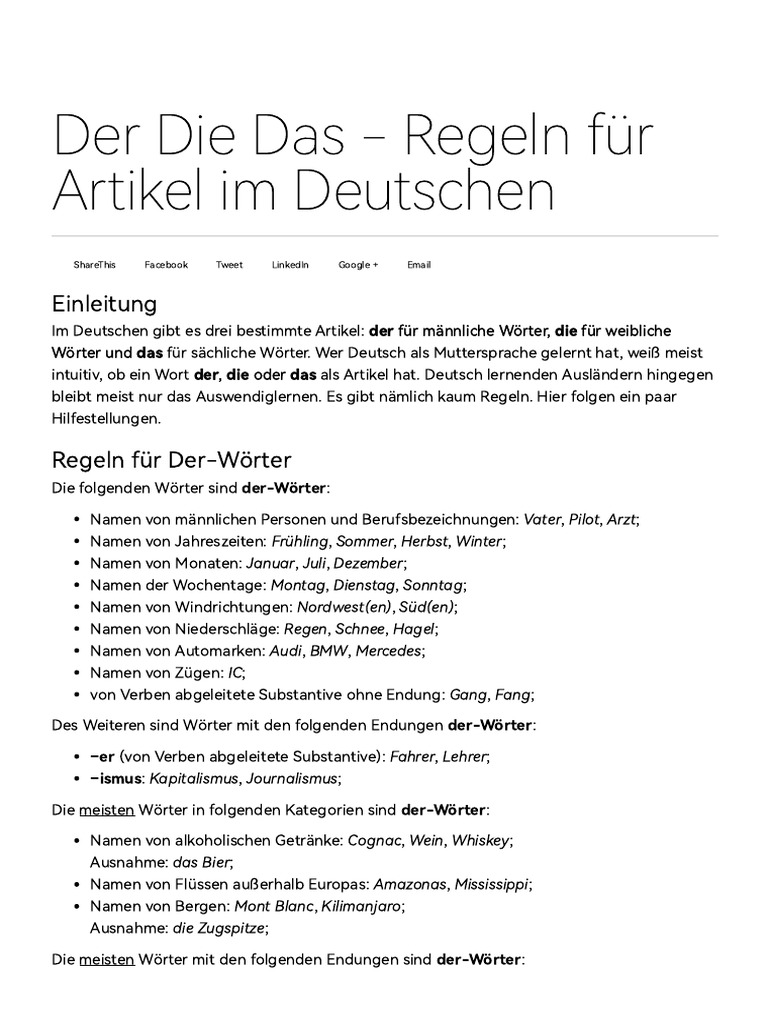 Der Die Das - Regeln Für Artikel Im Deutschen | PDF