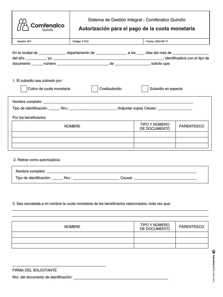 Formato Autorizacion Pago Cuota Monetaria Pdf