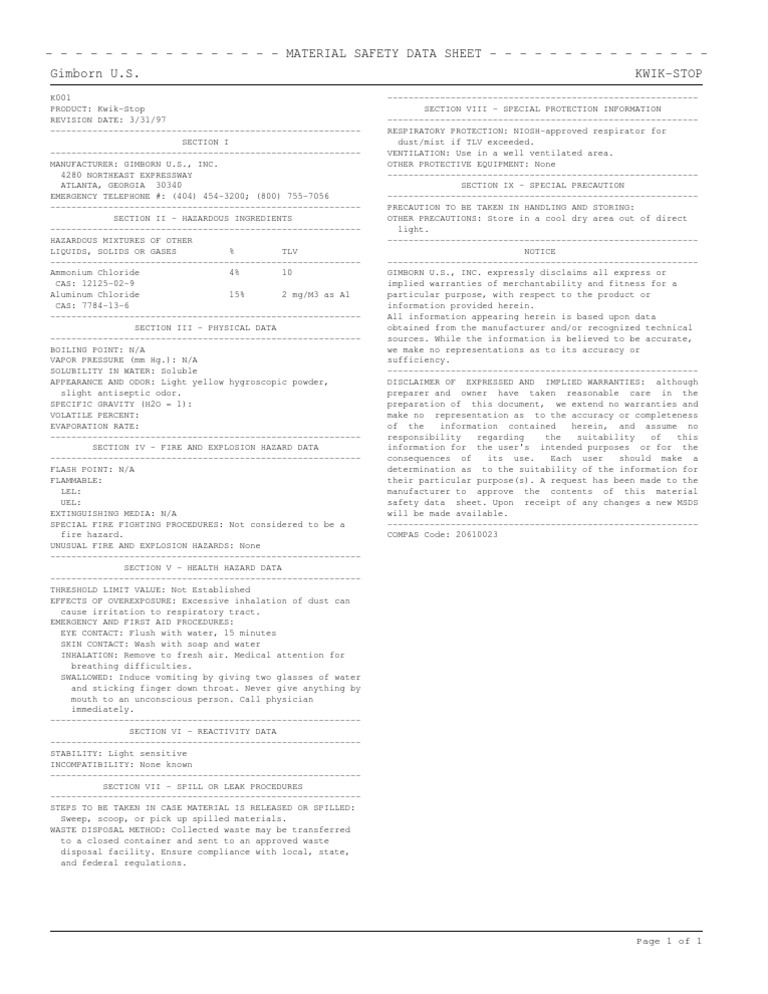 Msda Kwik Stop PDF Water Chemistry