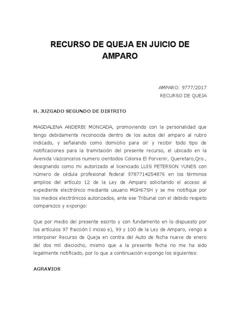 Recurso de Queja en Juicio de Amparo | PDF | Violación | Ley procesal