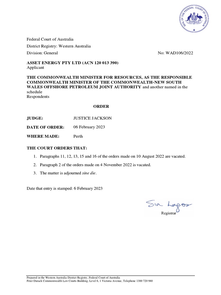 Federal Court of Australia Orders Feb 6 2023 Asset Energy V ...