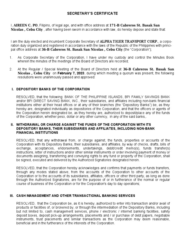 Secretary #39 s Certificate BPI BANK OPENING PDF Banks Loans