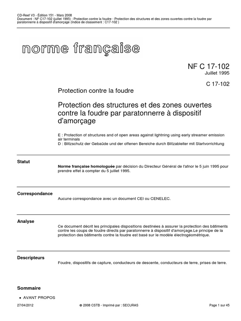Protection contre la foudre NF C 17-102 | PDF | Foudre | Électricité
