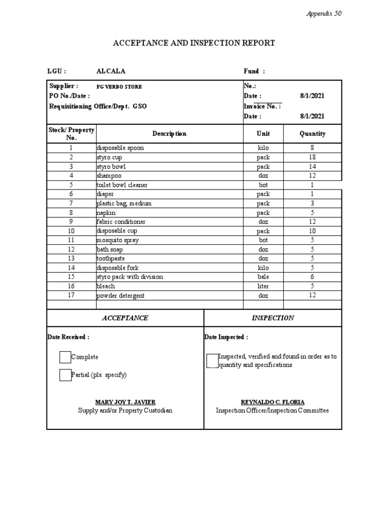 Alcala Acceptance Inspection Report | PDF | Equipment | Manufactured Goods