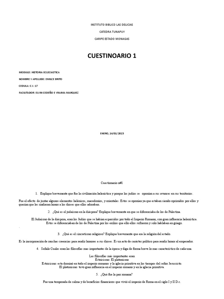 Cuestionario Emilce | PDF | Iglesia cristiana | Jesús