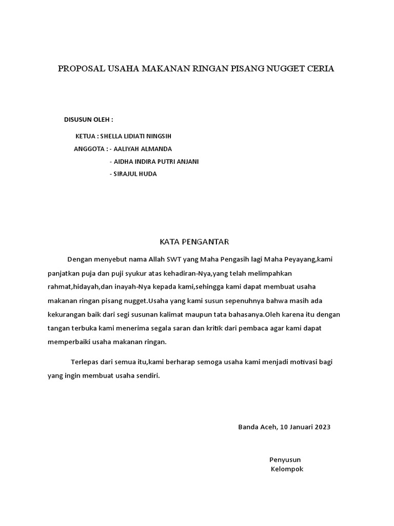 Proposal Usaha Makanan Ringan Pisang Nugget Ceria Pdf