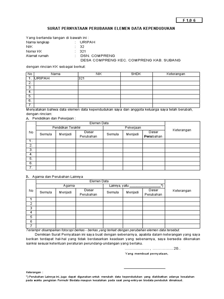 F 1.06 Uripah Surat Pernyataan Perubahan Elemen Data Kependudukan | PDF