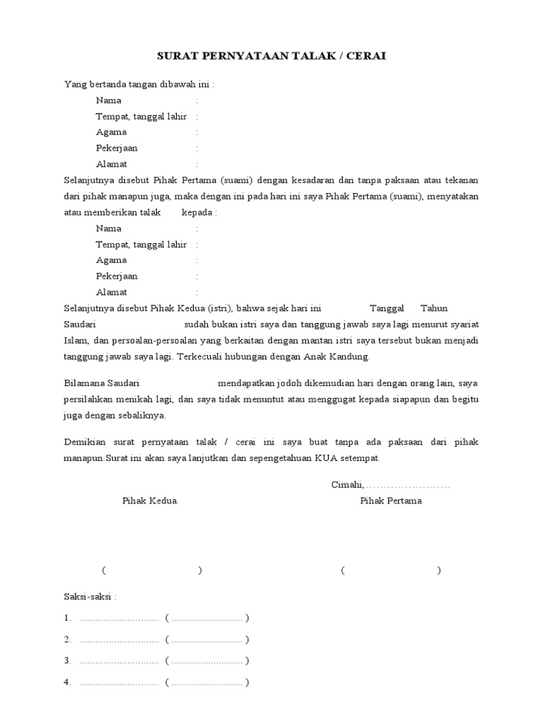 Surat Pernyataan Talak Cerai Suami | PDF | Hukum