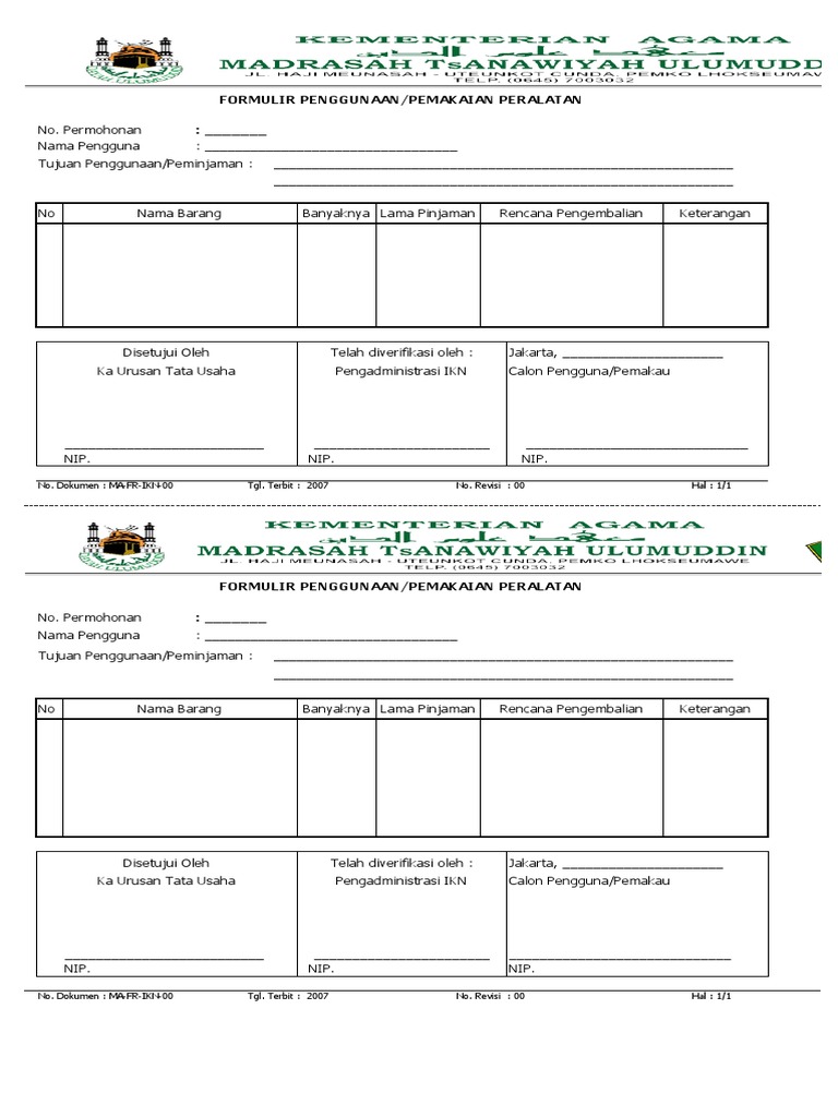 Formulir Peminjaman Alat Kerja | PDF | Pengelolaan Keuangan & Uang