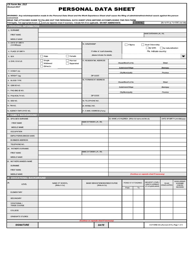 Personal Data Sheet (Revised 2016) 1 PDF