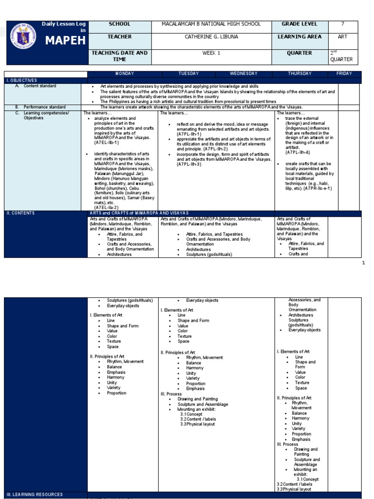 MAPEH Grade 7 Art Lesson Plan | PDF | Arts And Crafts Movement | Teachers