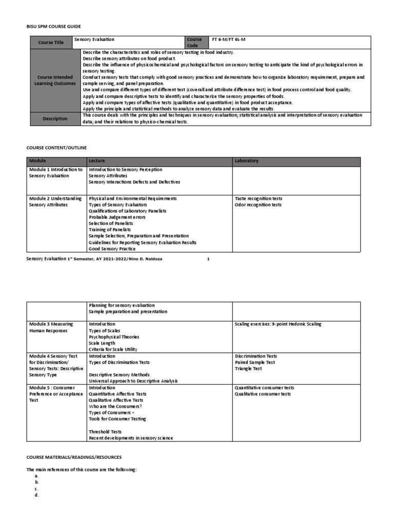 Sensory Evaluation Course Overview | PDF | Perception | Evaluation
