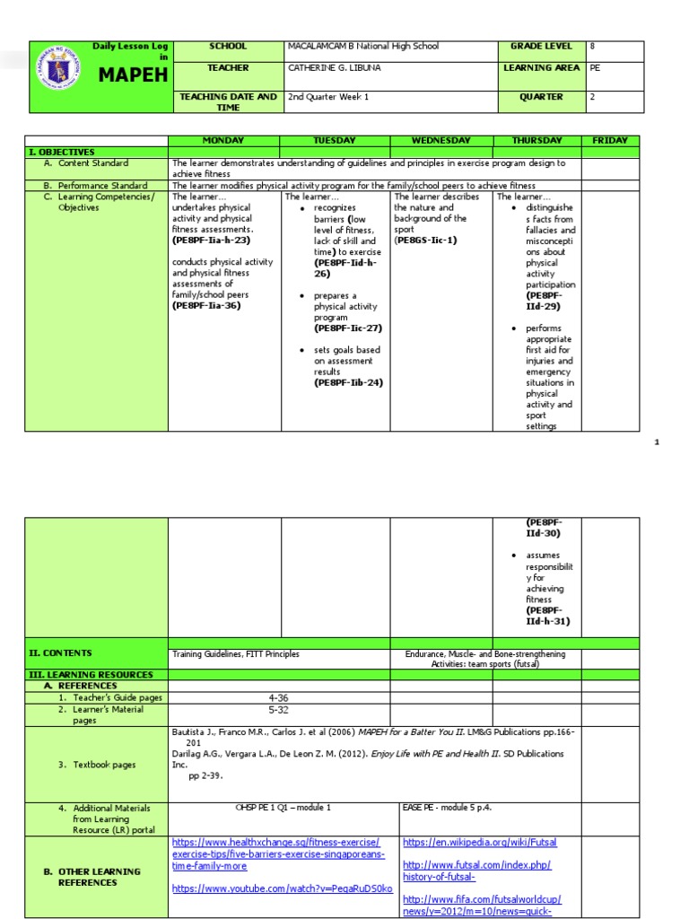 Grade 8 PE Daily Lesson Log Q2 W1 | PDF