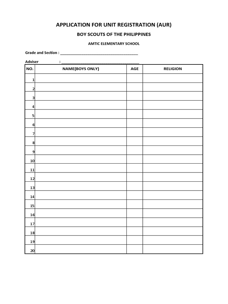 Boy Scouts Registration Form PDF