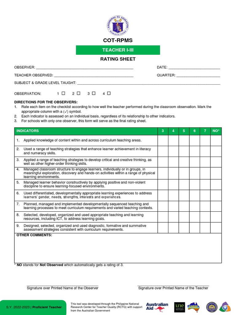 COT Rating Sheet for Teacher Observation | PDF | Learning | Curriculum