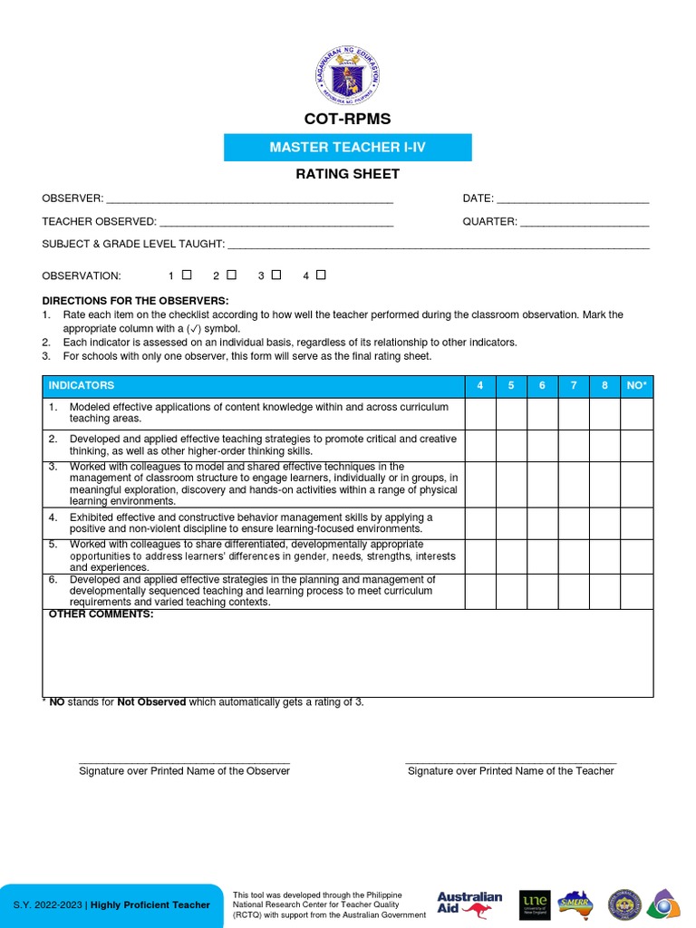 (Appendix C-05) COT-RPMS Rating Sheet For MT I-IV For SY 2022-2023 ...
