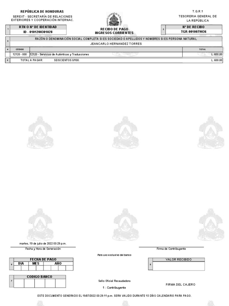 Recibo de pago por servicios de autenticación y traducción emitido por