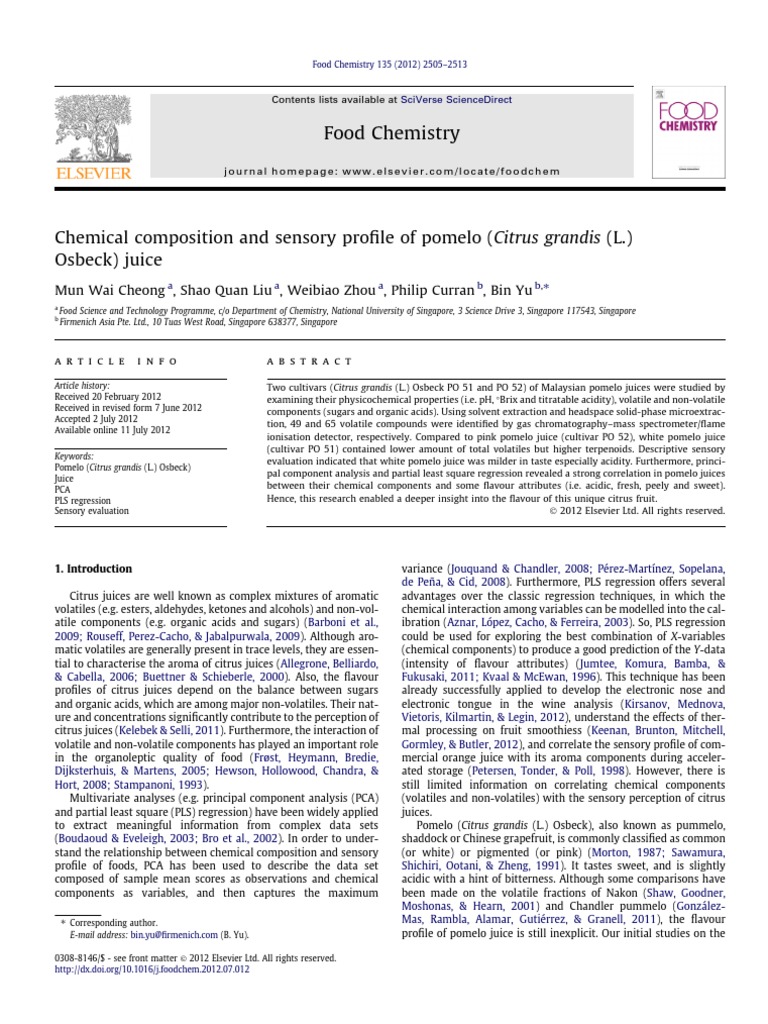 Chemical Composition and Sensory Profile of Pomelo (Citrus Grandis (L