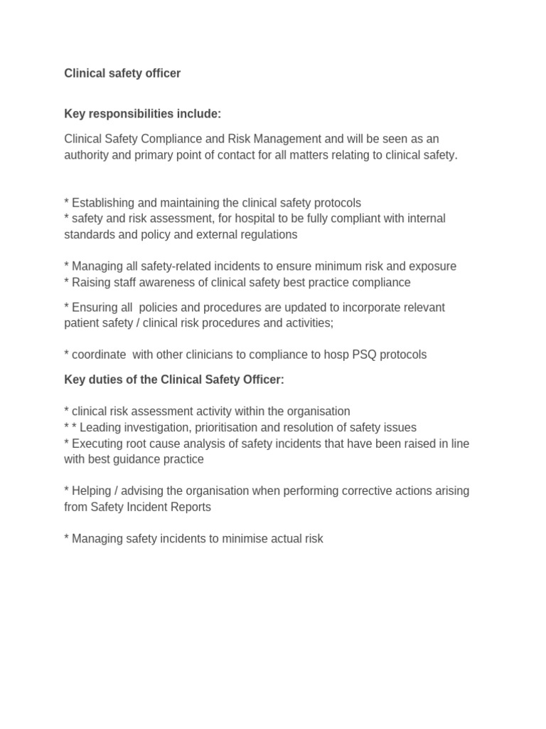 Clinical Safety Officer Duties and Responsibilties PDF